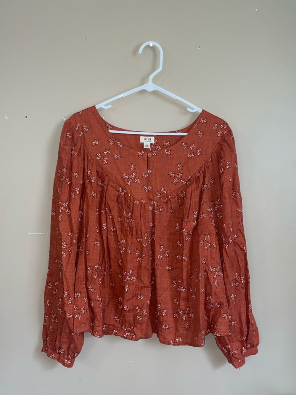 A.N.A (A New Approach) Rust Red Floral Button-Front Peasant Blouse 1X